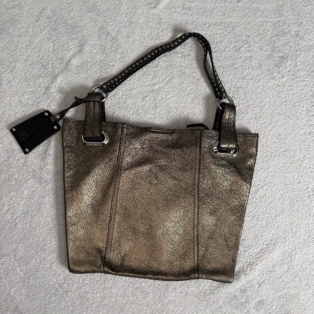 B. Makowsky Metallic Bronze Leather Shoulder Bag Tote Studded Handle